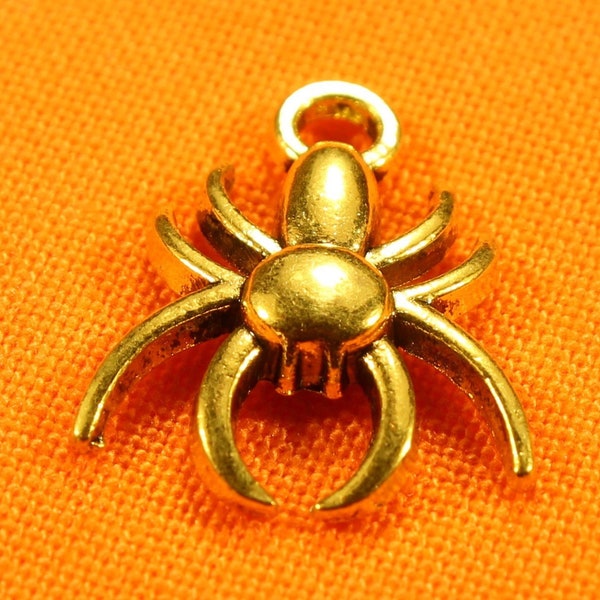 Spider 17mm Antique Gold Tone Single Sided Halloween Holiday 2D Insect Garden Charms - 0672