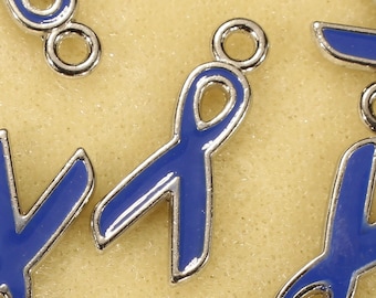 Blue Ribbon 20mm Silver Tone And Blue Enamel Single Sided Support Awareness Charms - 0698