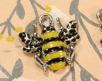 Bee 17mm Antique Silver Tone with Yellow and Black Enamel Single Sided 2D Garden Insect Charms - 0834