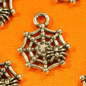 May include: Silver charm pendants featuring a spider in a web design. The charms are perfect for adding a spooky touch to jewelry or crafts.