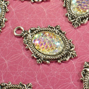Mermaid or Dragon Scale 39mm Antique Silver Tone Single Sided Iridescent White 18mm Oval Cabochon Fairy Tale Ocean Pendant Charms - 1187