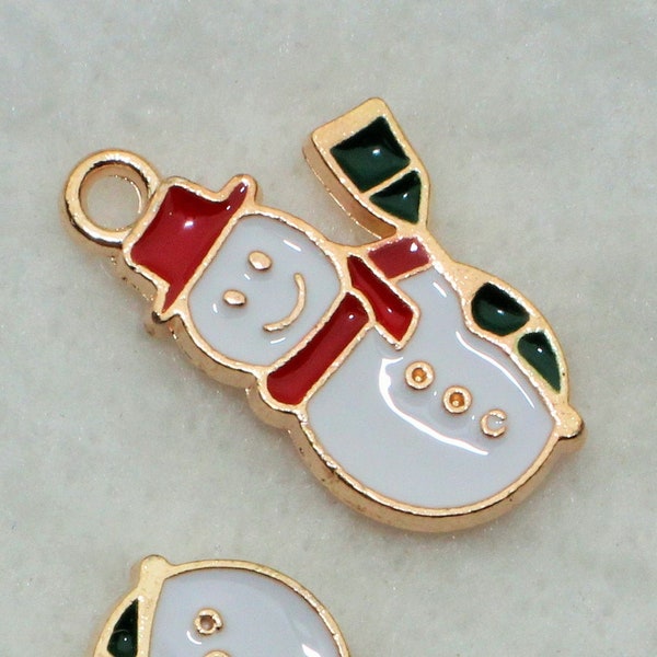 Snowman 21mm Gold Plated with Red, White and Green Enamel Single Sided Winter Holiday Charms - 1495