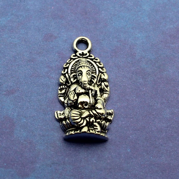 Ganesh 27mm Antique Silver Tone Single Sided 2D Religious Charms - 1620