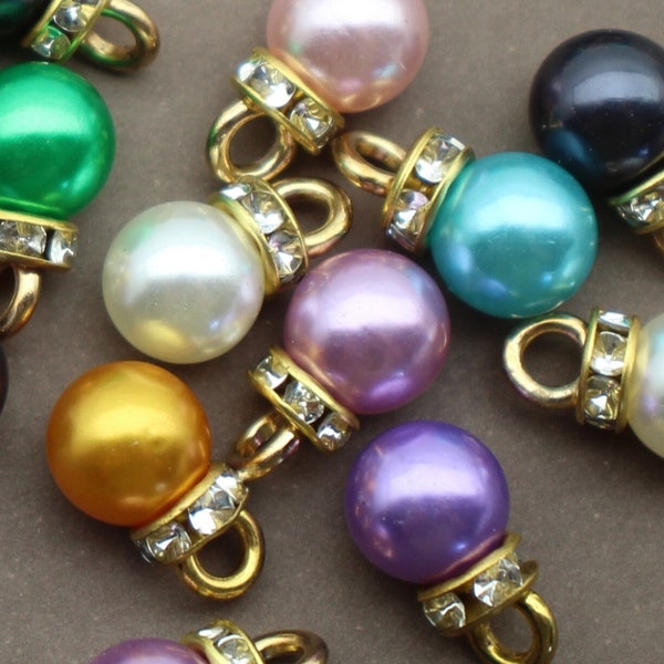 Faux Pearl Drop 13mm Gold Plated with White Rhinestones Round Assorted Color 3D Mini Ornament Accent Charms - 1667