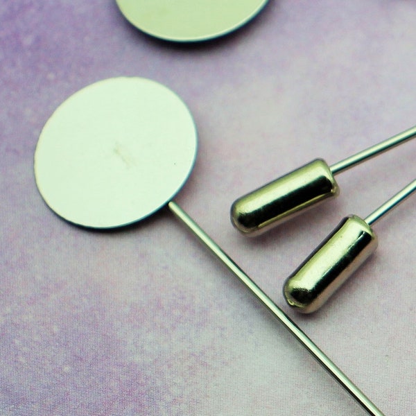 Stick Pin Brooch 3" Stainless Steel Silver Tone with 15mm Round Mounting Plate Findings - 1695