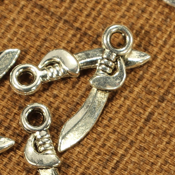 Sword 19mm Antique Silver Tone Double Sided Fantasy Fairy Tale Pirate Weapon Charms - 0961