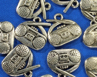 Radio Boom Box 15mm Antique Silver Tone Double Sided Music Charms - 0554