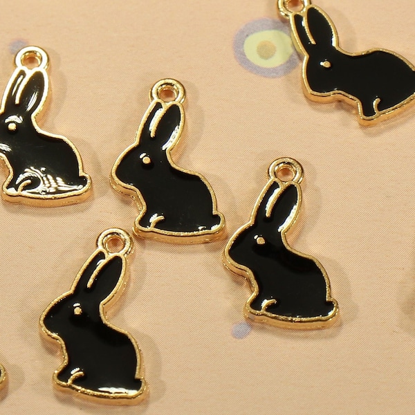 Rabbit 17mm Gold Plated and Black Enamel Single Sided Garden Animal Charms - 0778