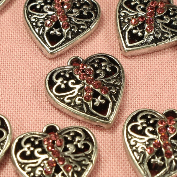 Heart 16mm Breast Cancer Awareness Ribbon Antique Silver Tone and Pink Rhinestone Single Sided Heart Charms - 0728