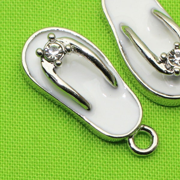 Flip Flop Sandal 25mm Silver Tone with White Enamel and Clear Rhinestone 3D Clothing Beach Charms - 1108