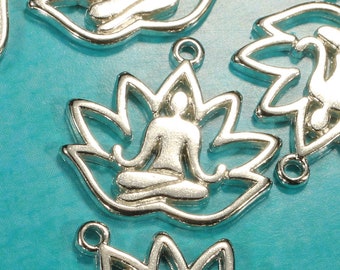 Yoga Lotus Flower 18mm Antique Silver Tone Die Cut Single Sided Floral Meditation Charms - 0929