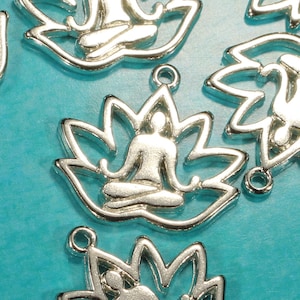 Yoga Lotus Flower 18mm Antique Silver Tone Die Cut Single Sided Floral Meditation Charms 0929 image 1