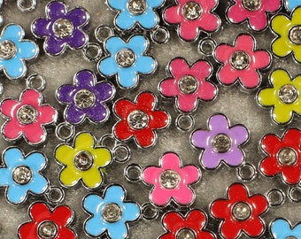 Flower 15mm Colored Enamel, Clear Rhinestone and Silver Tone Single Sided Floral Charms - 0447