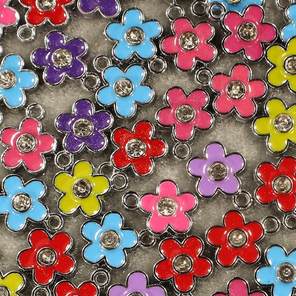 Flower 15mm Colored Enamel, Clear Rhinestone and Silver Tone Single Sided Floral Charms - 0447