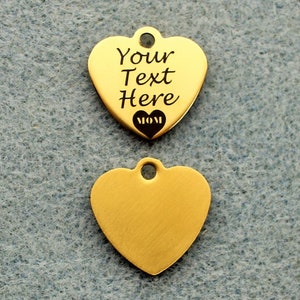 Personalized Heart with Heart and the word Mom 20mm Polished Gold Tone Stainless Steel Laser Engraved Charms - SL1110