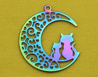 Cats Sitting On The Moon 22mm Stainless Steel Filigree Multi Colored Die Cut Double Sided Celestial Animal Charms - 1591