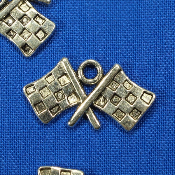 Checkered Flag 22mm Antique Silver Tone Single Sided Sports Charms - 1353