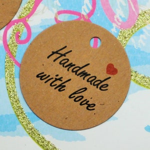 Handmade With Love 1 3/16" Round Natural Kraft Paper Tags with 8" Jute Strand Gift Tag Label Findings - 1760