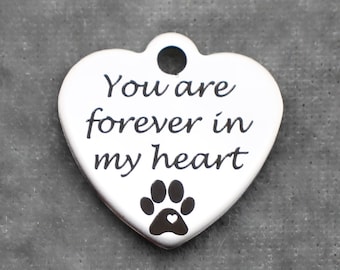 You are forever in my heart 20mm Polished Silver Tone Stainless Steel Laser Engraved Charms with Paw Print and Heart - SL0801