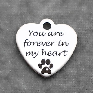 You are forever in my heart 20mm Polished Silver Tone Stainless Steel Laser Engraved Charms with Paw Print and Heart - SL0801