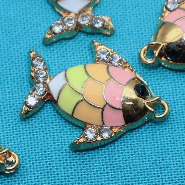 Fish 20mm Gold Plated Colored Enamel and White Rhinestone Single Sided 2D Ocean Sea Animal Charms - 1492