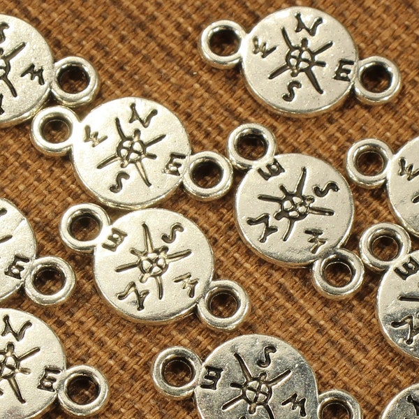 Compass 16mm Antique Silver Tone Single Sided Navigation and Travel Small Connector Charms - 0598