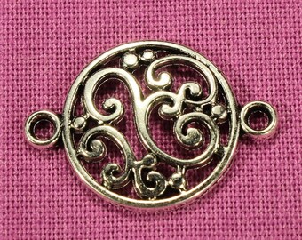 Scroll Design 20mm Round Die Cut Antique Silver Tone Single Sided Connector Charms - 0900