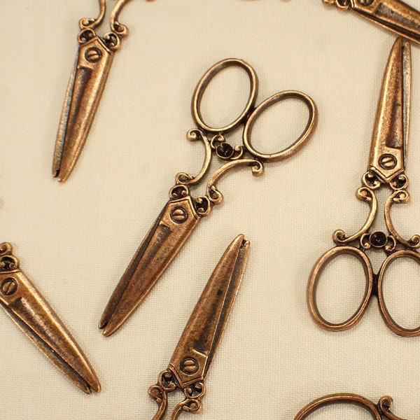 Scissors 60mm Antique Copper Tone Single Sided Rhinestone Mountable Steampunk Beautician Embellishment Charms - 1205