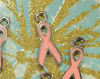 Pink Ribbon 20mm Silver Tone And Pink Enamel Single Sided Support Awareness Charms - 0709