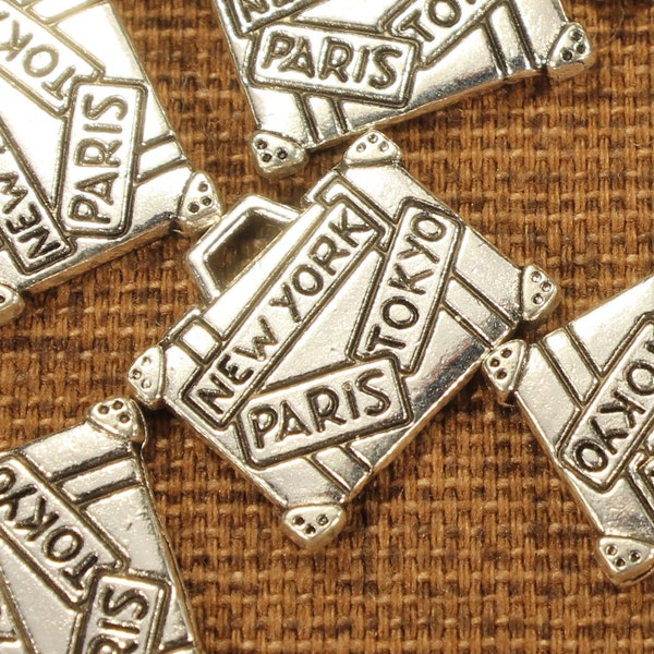 Suitcase 15mm Antique Silver Tone Double Sided 'New York - Paris - Tokyo' Vacation Travel Charms - 0639