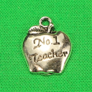 No 1 Teacher Apple 18mm Antique Silver Tone Single Sided School Charms - 0393