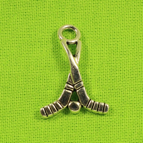 Hockey Sticks with Puck 23mm Antique Silver Tone Double Sided Sports Charms - 0061