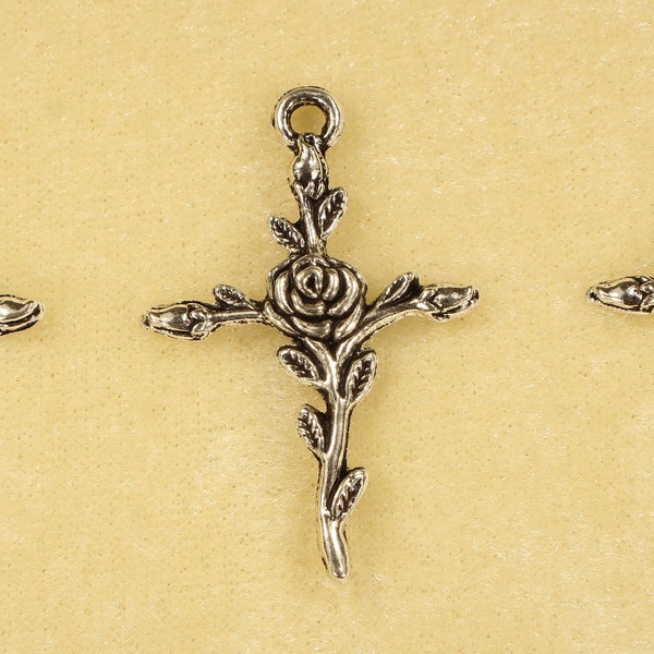 Cross 35mm with Rose Vine Antique Silver Tone Single Sided 2D Religious Charms - 0391