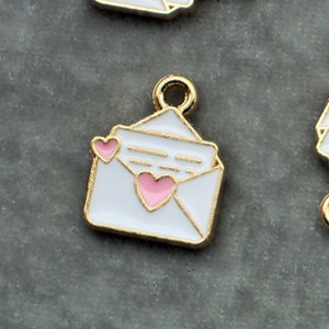 Envelope with Letter 16mm Pink and White Enamel with Gold Plated Finish Single Sided Love Charms - 1545