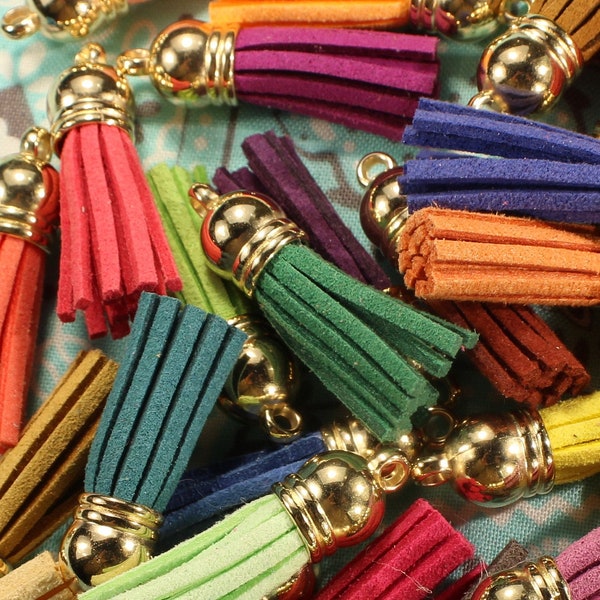 Tassels 38mm Polyester Suede with Gold Tone Dome Top Assorted Random Colored Tassel Charms - 1214