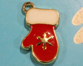 Mitten 19mm Gold Plated with Red and White Enamel Single Sided Winter Charms - 1060