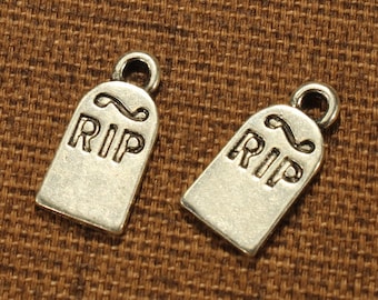 Gravestone 16mm "RIP" Antique Silver Tone Single Sided Halloween Holiday Charms - 1098