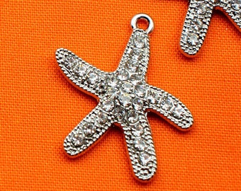 Starfish 28mm Silver Tone and Clear Rhinestone Single Sided Ocean Nautical Beach Charms - 0193