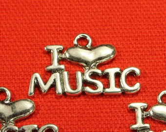 I Love Music 28mm Antique Silver Tone Single Sided Music Charms - 0950