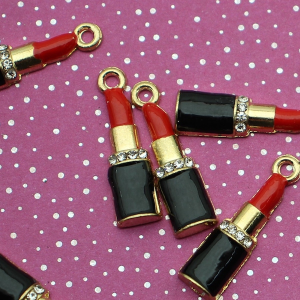 Lipstick 26mm Gold Plated with Black and Red Enamel and Clear Rhinestones Single Sided 2D Beauty Make-up Charms - 0658