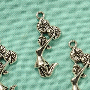 Jumping Cheerleader With Pom Poms 28mm Antique Silver Tone Single Sided Sports Charms - 0128