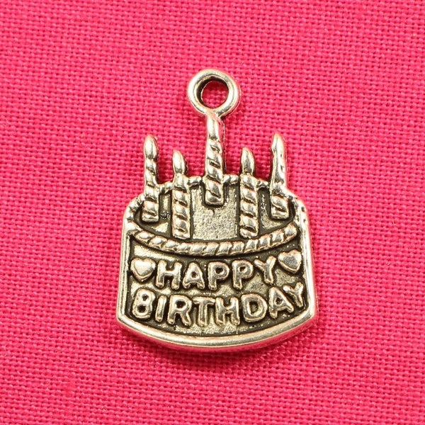 Birthday Cake 22mm Antique Silver Tone Single Sided Celebration Food Charms - 0093