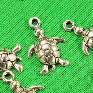 May include: Six silver turtle charms with a textured shell design. The charms have a loop at the top for attaching to jewelry or other crafts.
