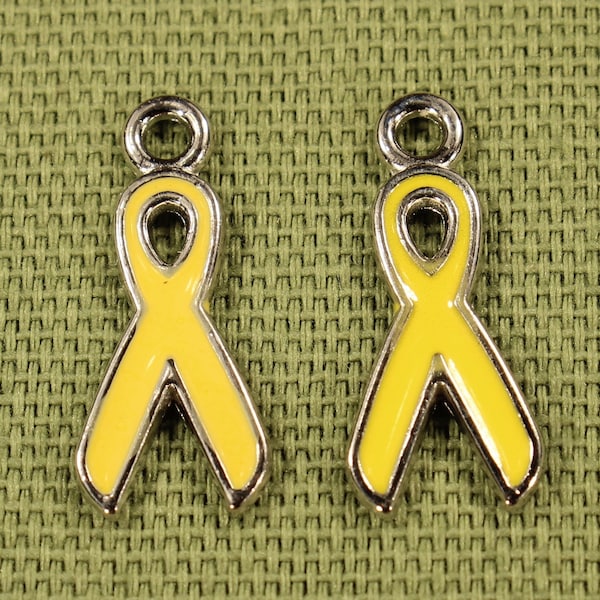 Yellow Ribbon 20mm Silver Tone and Yellow Enamel Single Sided Support Awareness Charms - 0678