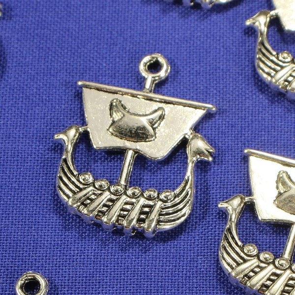 Viking Ship 26mm Antique Silver Tone Double Sided Nautical Charms - 0766