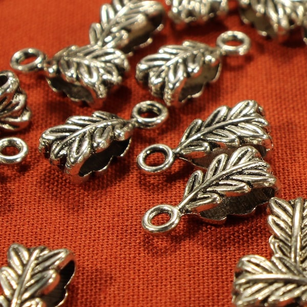 Leaf 14mm Antique Silver Tone Double Sided Charm Bail Beads - 0733