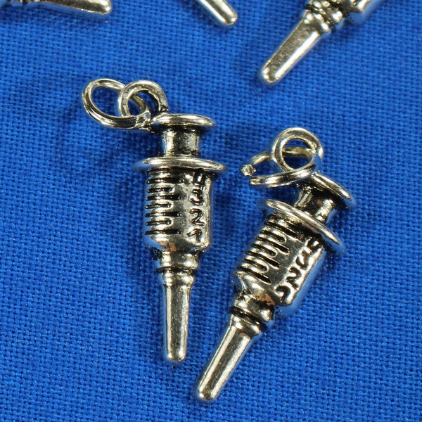 Syringe 22mm Antique Silver Tone Single Sided with Attached 6mm Jump Ring 2D Medical Charms - 0693