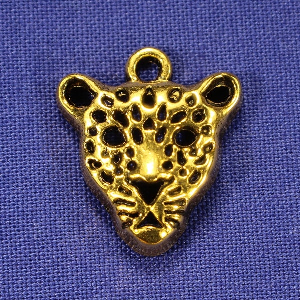 Leopard Head 20mm Antique Gold Tone Single Sided 2D Animal Charms - 0518