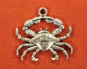 Crab 25mm Antique Silver Tone Single Sided 2D Ocean Animal Charms - 0266