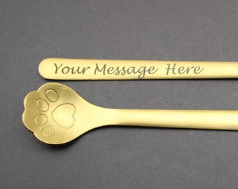 Personalized Paw Print Stir Spoon 5 7/8" SUS 304 Stainless Steel Gold Plated Custom Laser Engraved Utensils - L0069